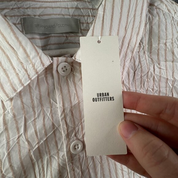 Standard Cloth Button Up Shirt Men's Size Large Striped Beige Short Sleeve NWT - Picture 8 of 11